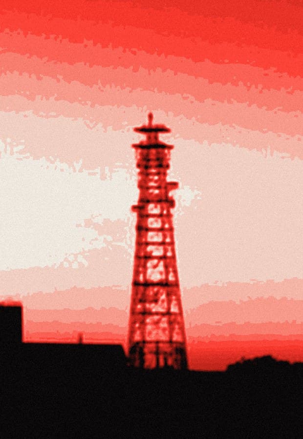 Xerox-red duotone of a radio tower against a sunset sky over Los Angeles rooftops