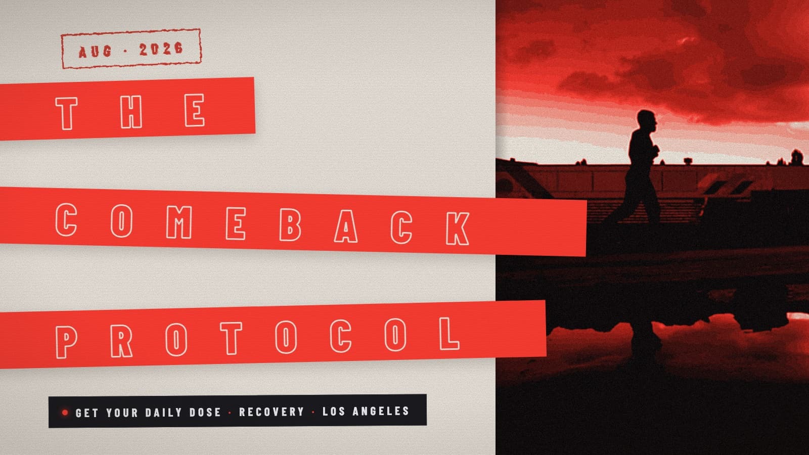 Xerox-red zine cover: a silhouetted runner alone on an empty stadium track at dusk, mirrored in a rain puddle, with THE COMEBACK PROTOCOL in outlined type across red bars