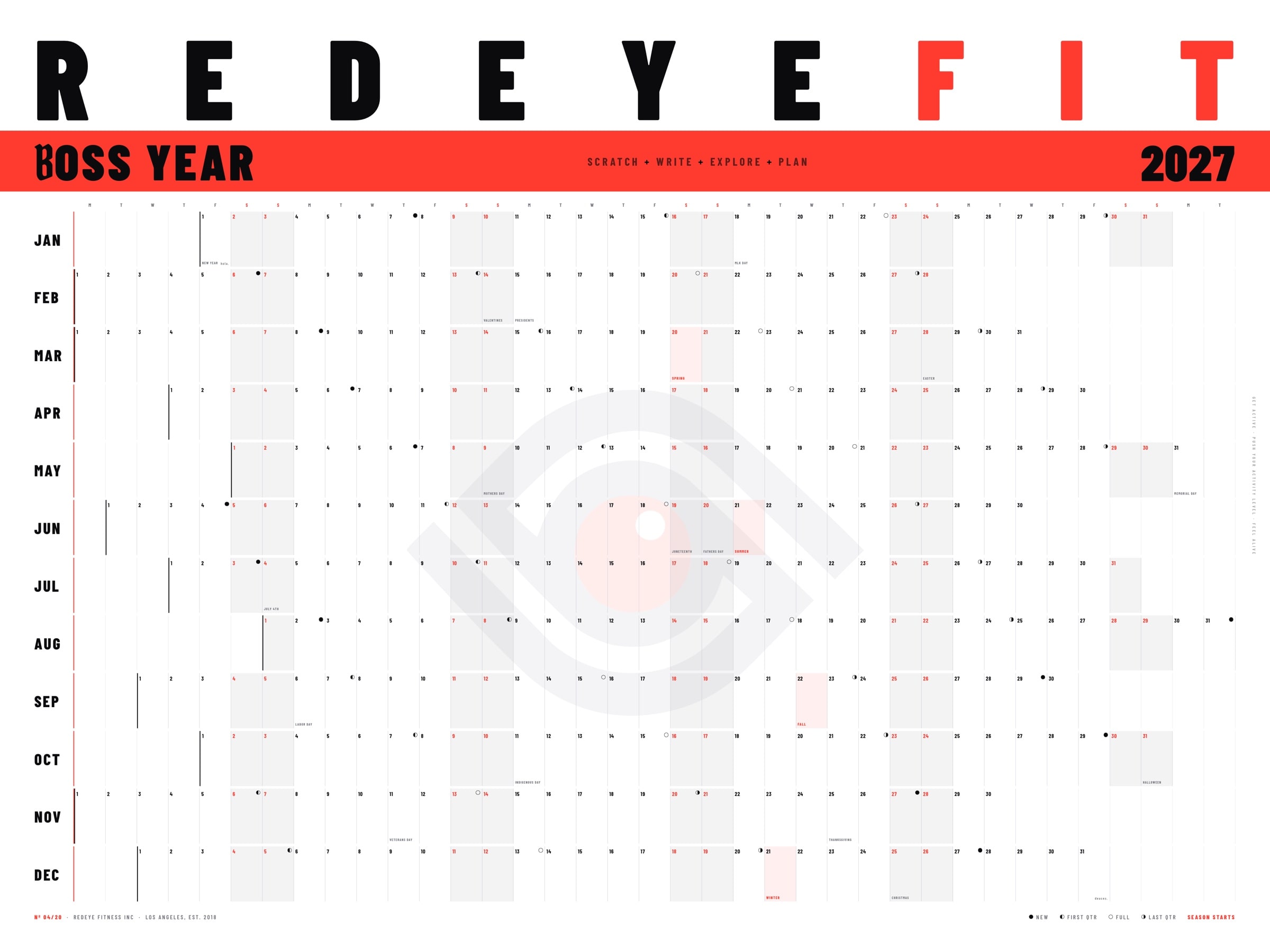 BOSS YEAR 2027 wall planner, limited edition of 20 — specimen numbered Nº 04/20 in the corner: all twelve months on one sheet, weekends shaded, holidays and season starts marked, moon phases tracked, under a giant REDEYEFIT masthead