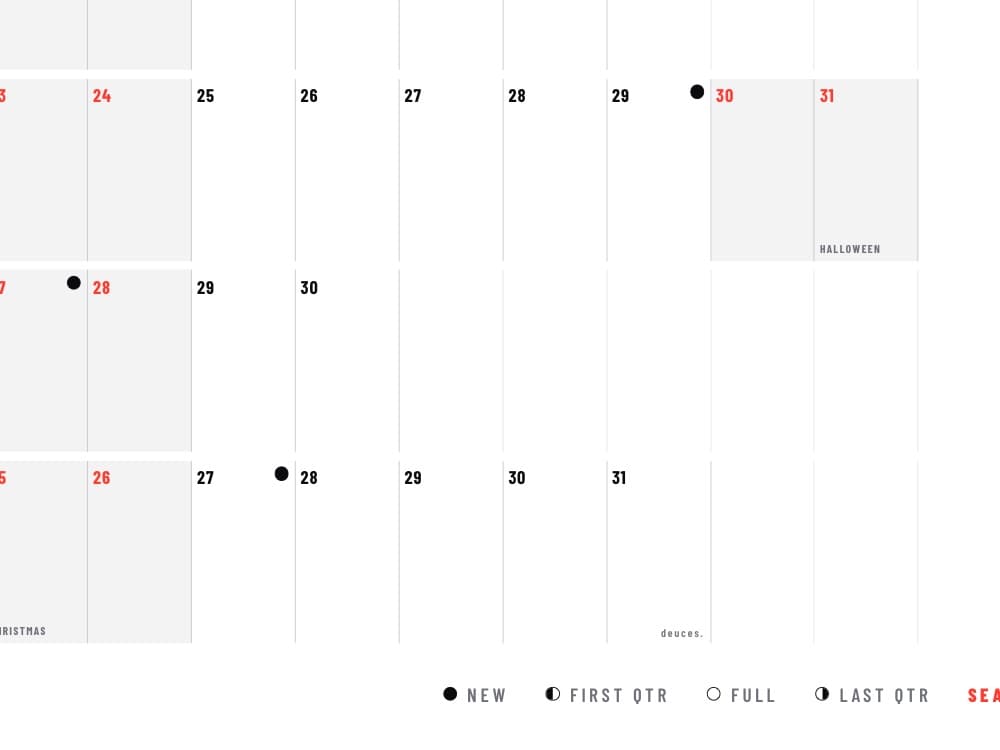 December 31st cell of the planner signed off with a small lowercase deuces., moon phase legend below