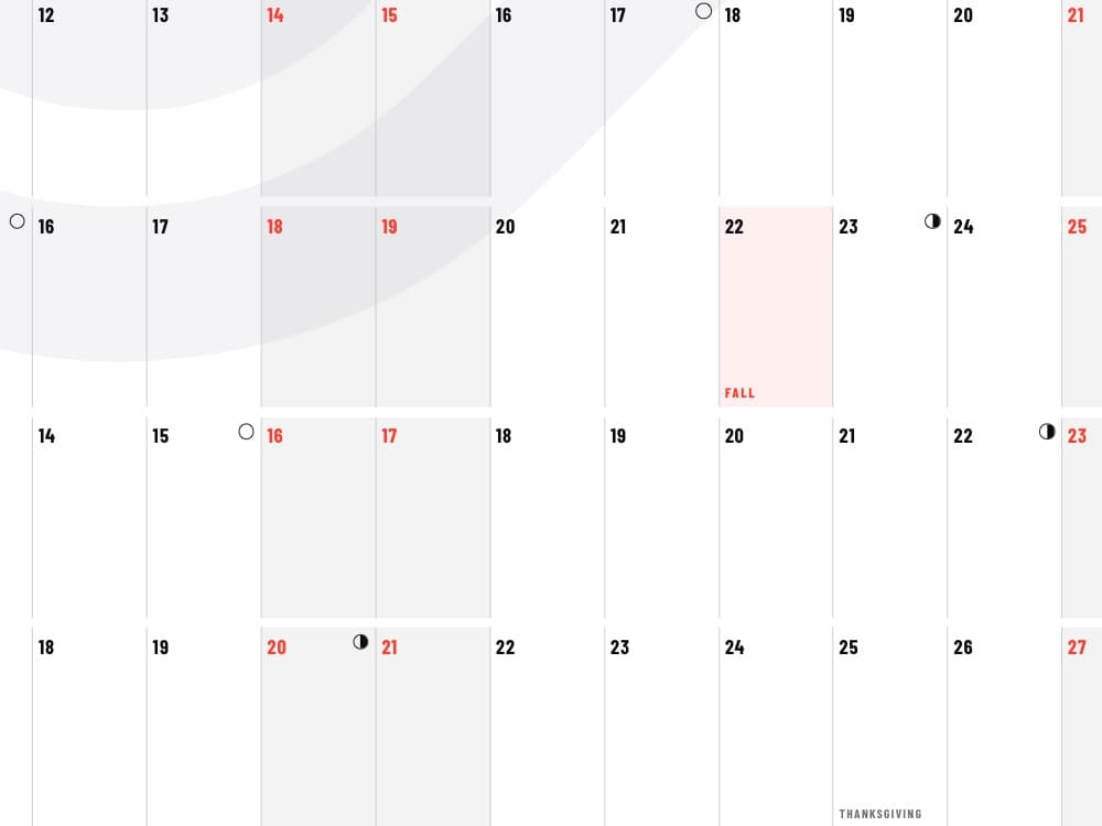 Calendar rows showing moon phase symbols beside the dates and the FALL season start highlighted in red