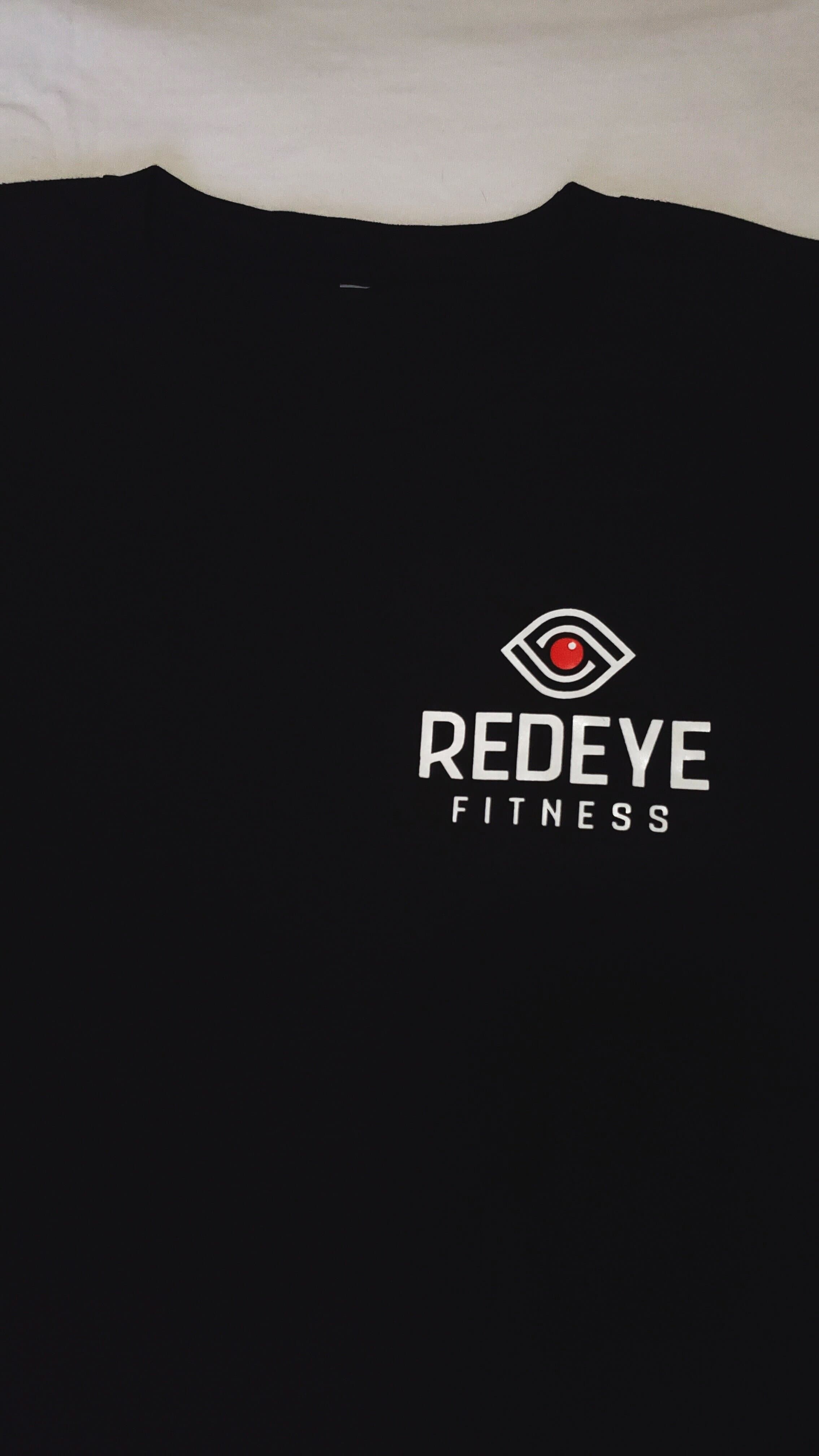 Front of the black Gym T Shirt with the REDEYE FITNESS eye logo printed on the chest